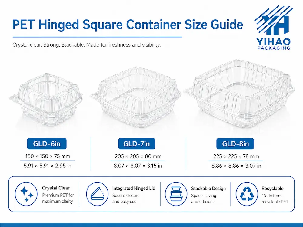 PET hinged square container size guide for 6 inch, 7 inch, and 8 inch clear clamshell packaging options