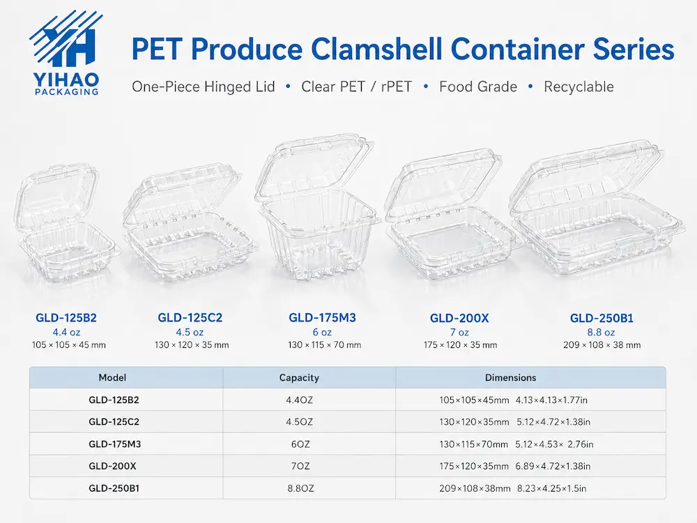 PET Produce Clamshells FAQ: Materials, Sizes, Uses, and Ordering Questions 16 PET produce clamshell container series with clear hinged PET and rPET produce packaging by YIHAO