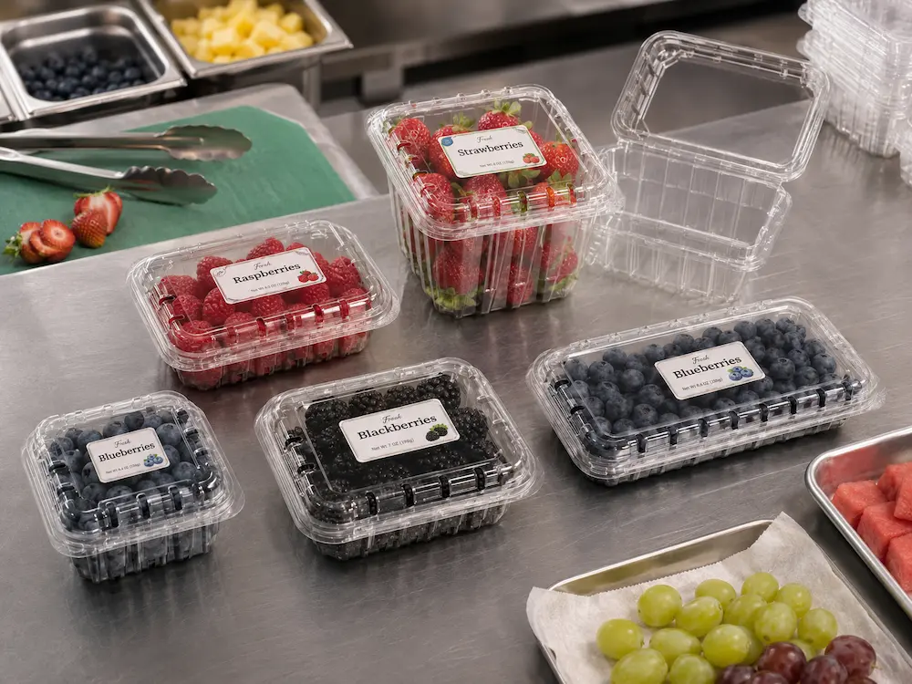 Fresh berries in PET produce clamshell containers during foodservice preparation