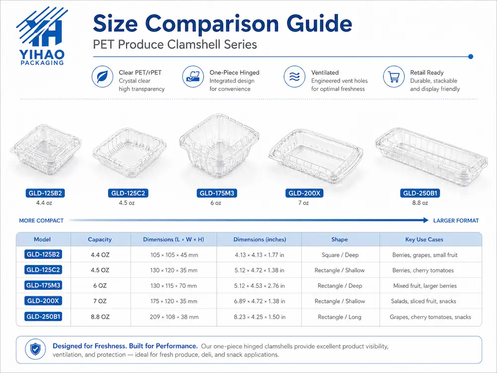 PET Produce Clamshells FAQ: Materials, Sizes, Uses, and Ordering Questions 5 PET produce clamshell size comparison guide for berries grapes cherry tomatoes and fresh produce packaging