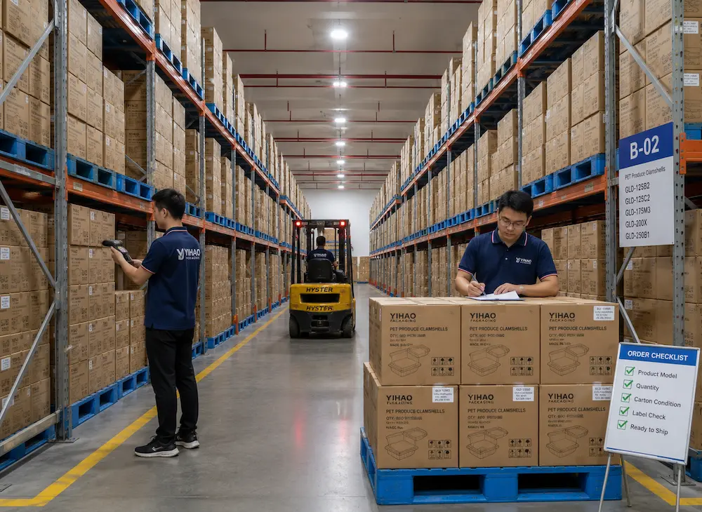 PET Produce Clamshells FAQ: Materials, Sizes, Uses, and Ordering Questions 6 PET produce clamshell warehouse inventory and wholesale order check for YIHAO packaging