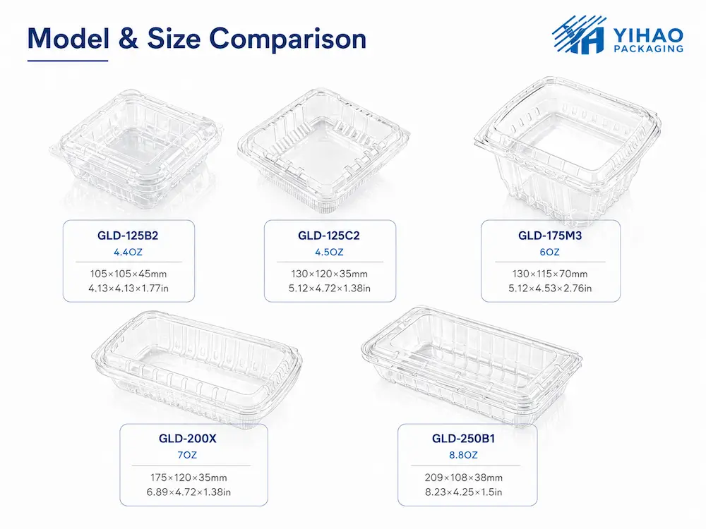 PET produce container model and size comparison for fresh fruit packaging