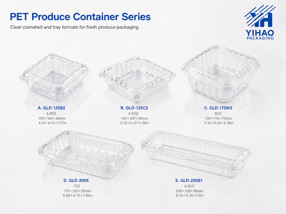 PET produce container series for clear clamshell and fresh fruit tray packaging