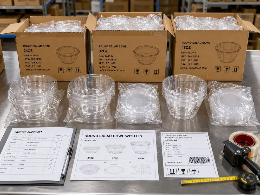 PET round bowl carton packing with clear bowls, lids, packing checklist, barcode label, and wholesale shipping cartons