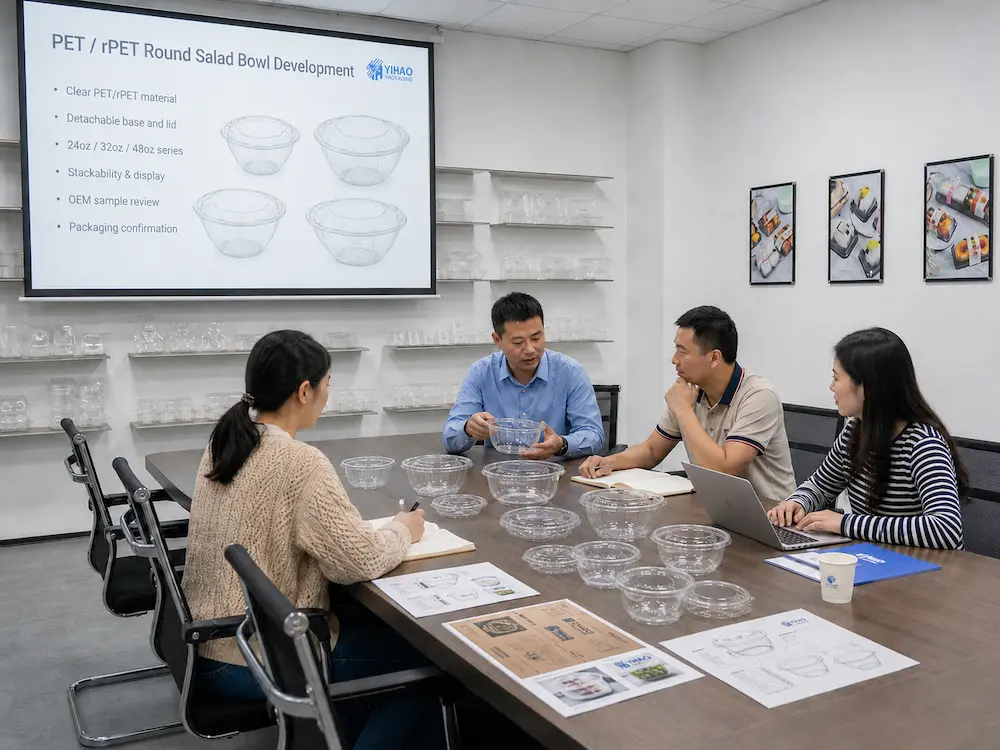Food packaging manufacturer team reviewing PET round bowl samples, lid options, drawings, and packaging development plans