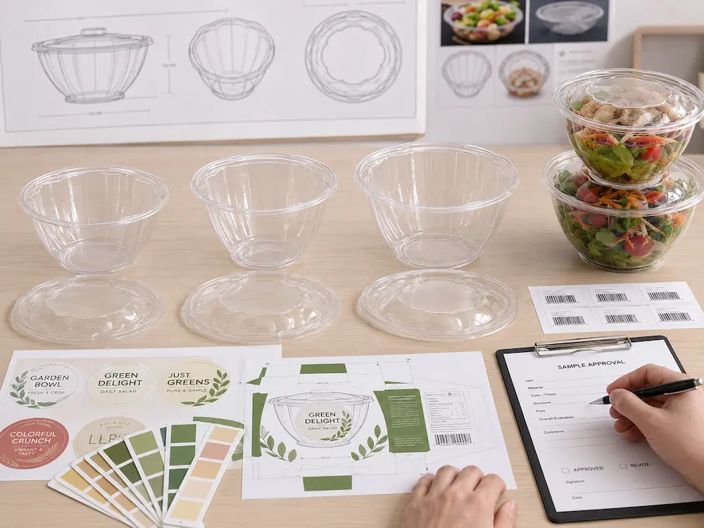 PET round bowl sample approval with packaging design drawings, labels, color swatches, and clear bowl prototypes
