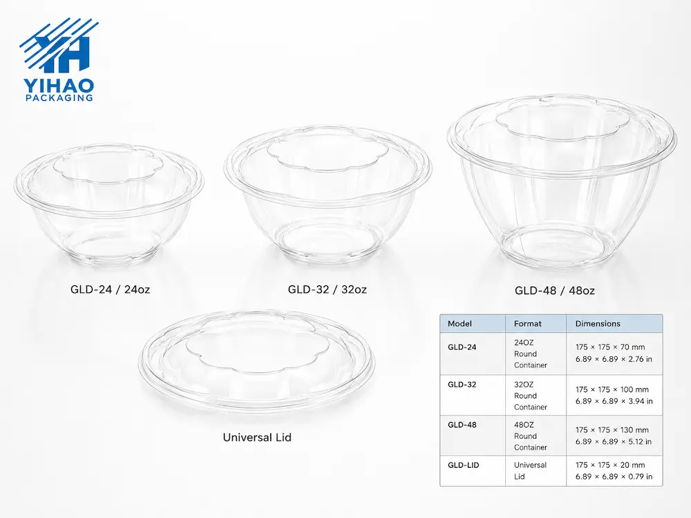 Clear PET round bowl series with 24oz 32oz and 48oz sizes plus a universal lid and dimension table