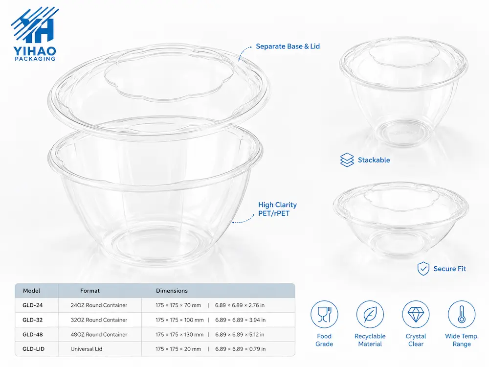 PET round bowl structure showing separate base and lid, stackable design, secure fit, and high clarity material