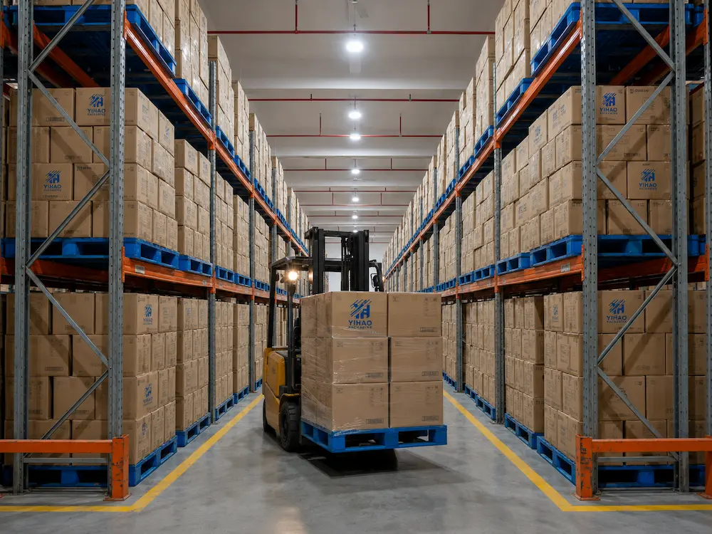 YIHAO packaging warehouse with stacked cartons, pallets, forklift, and bulk food packaging inventory for wholesale supply