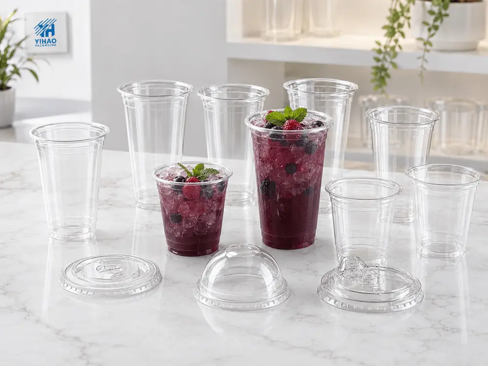 Clear PET and RPET acai refresher cups with flat dome and sip-through lids