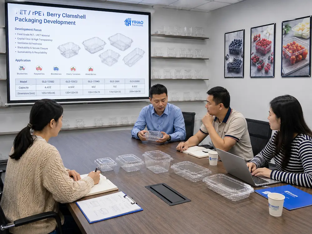 PET and rPET berry clamshell packaging development meeting with product samples