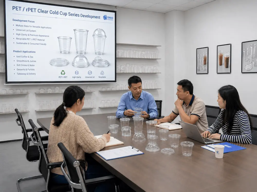 Sealed Drink Cups FAQ: Materials, Sizes, Uses, and Ordering Questions 8 PET and rPET clear cold cup development meeting with sealed drink cup samples