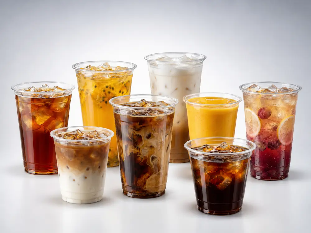 PET and rPET cold cups lineup with iced beverages on a clean cool gray studio background, highlighting clear disposable plastic cup transparency