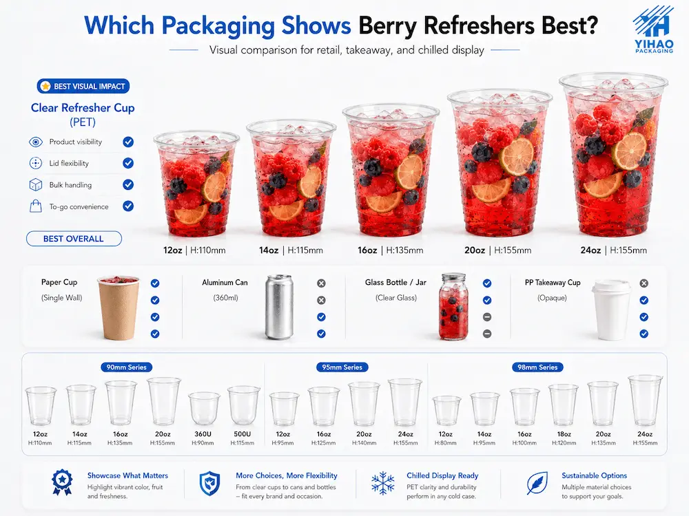 Clear refresher cup series comparison for 90mm, 95mm, and 98mm PET and RPET cold cups