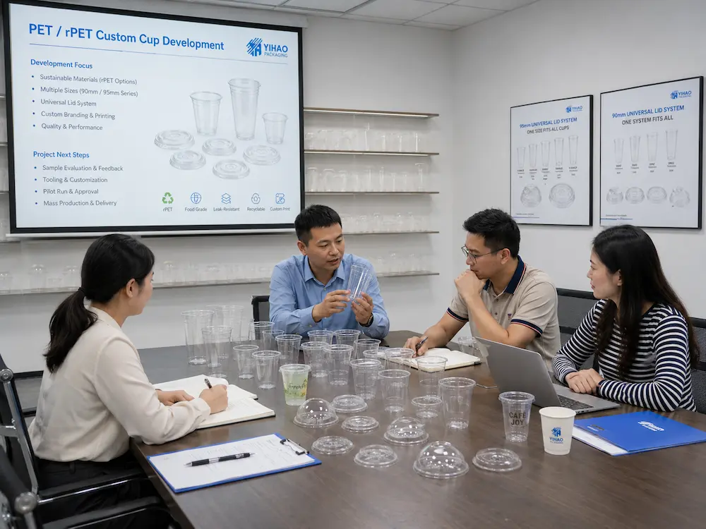 Wholesale Custom Cups for Supermarkets, Cafes, Bakeries, and Foodservice Brands 8 PET and rPET custom cup development meeting with cup samples, lid options, and packaging project review