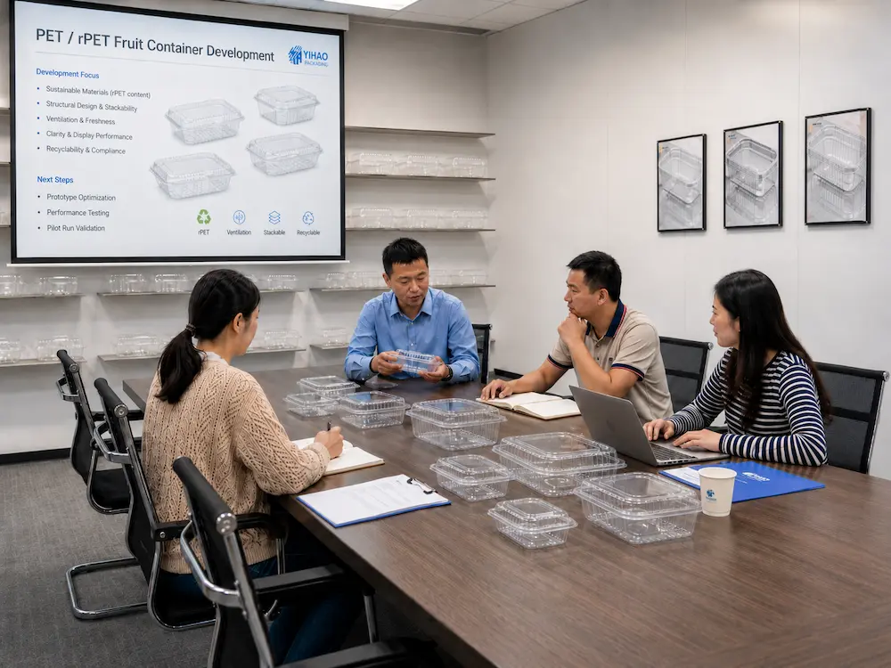 PET and rPET fruit container development meeting with clear hinged food packaging samples