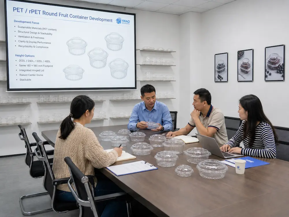 Farm Packaging Containers vs Alternative Packaging: How Buyers Should Choose 7 Packaging development team reviewing PET and rPET round fruit containers with sample bowls