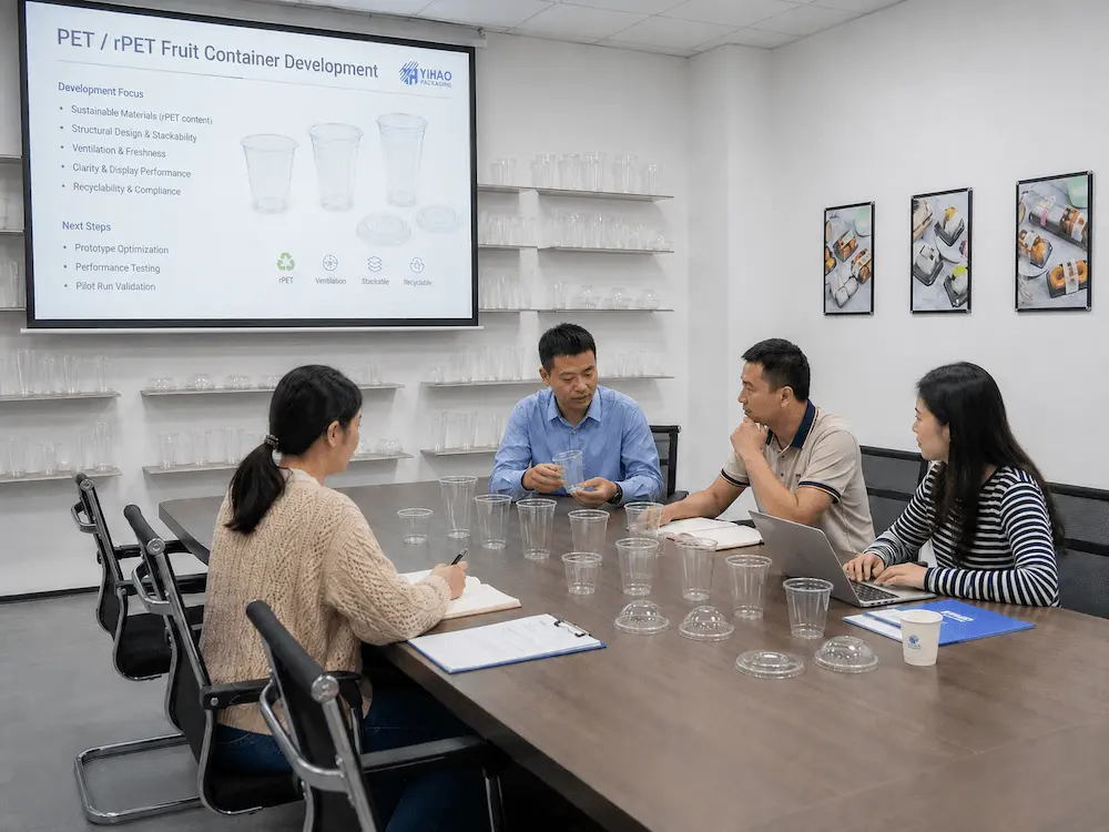 PET and RPET fruit container development meeting with clear cup and lid samples