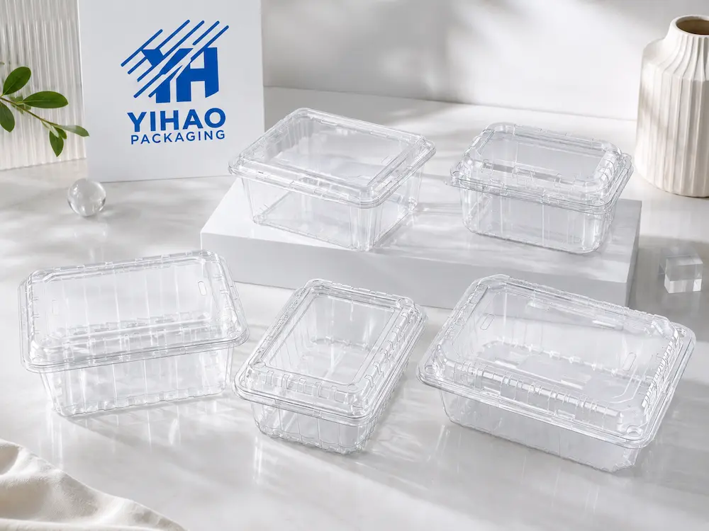 Transparent PET and rPET produce clamshell containers showing material clarity and secure lid structure