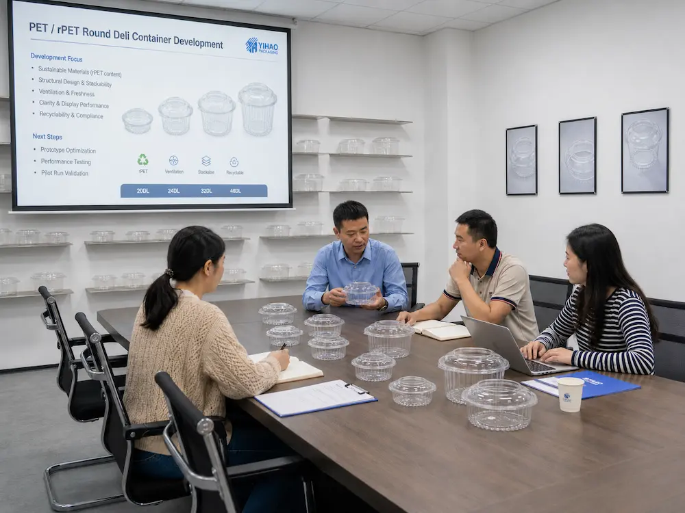 Packaging development meeting for PET rPET round deli container sample testing