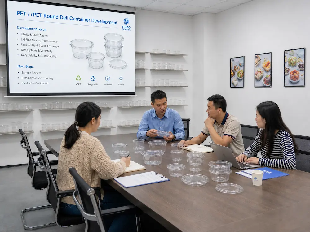 YIHAO team reviewing PET and rPET round deli container samples for product development