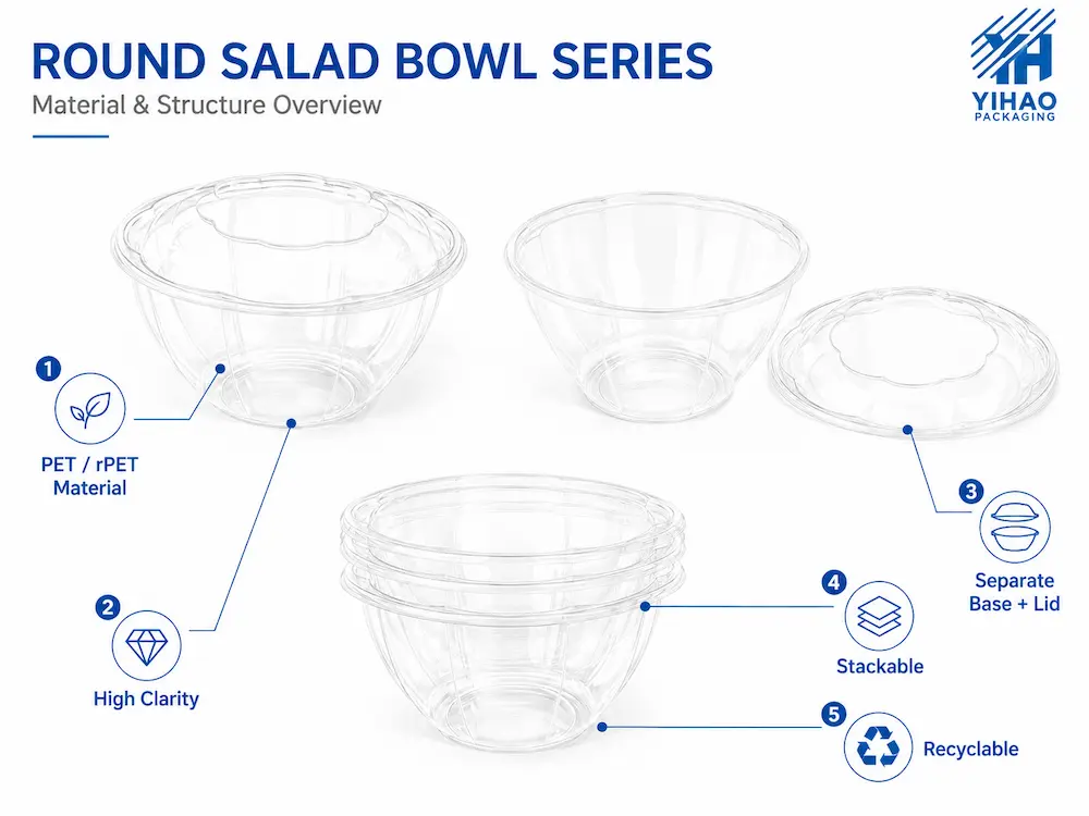 Deli Food Packaging FAQ: Materials, Sizes, Uses, and Ordering Questions 2 PET and RPET round salad bowl structure overview showing clarity, stackability, separate lid and recyclability