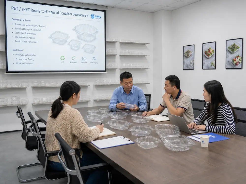 YIHAO team reviewing PET and RPET ready-to-eat salad container samples during product development