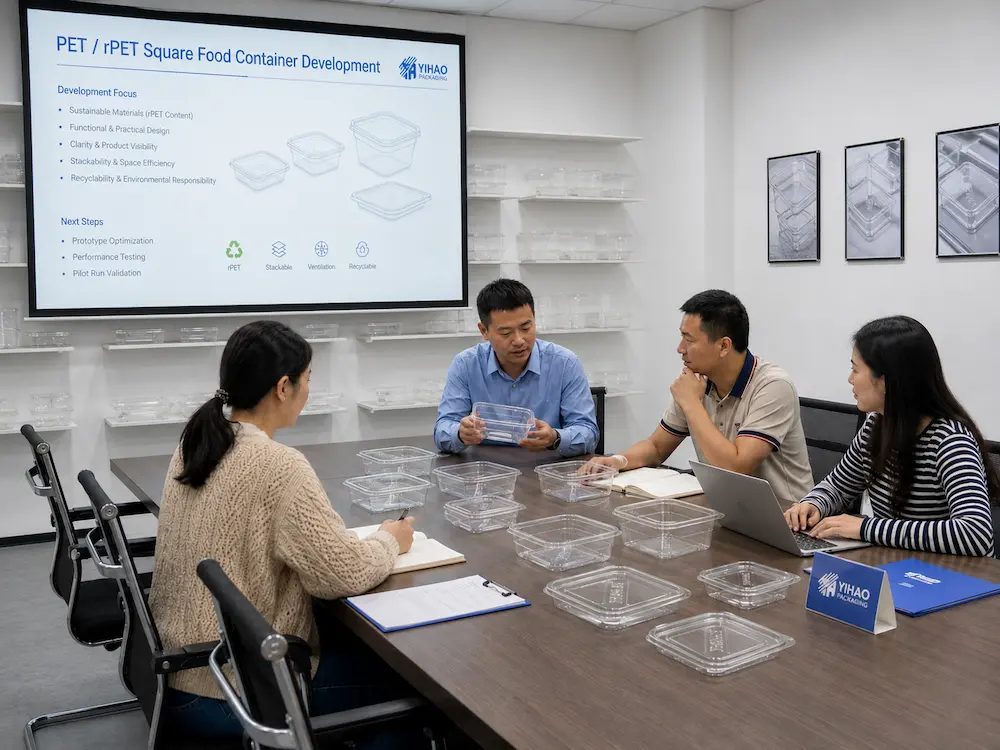 PET and rPET square food container development meeting with product samples