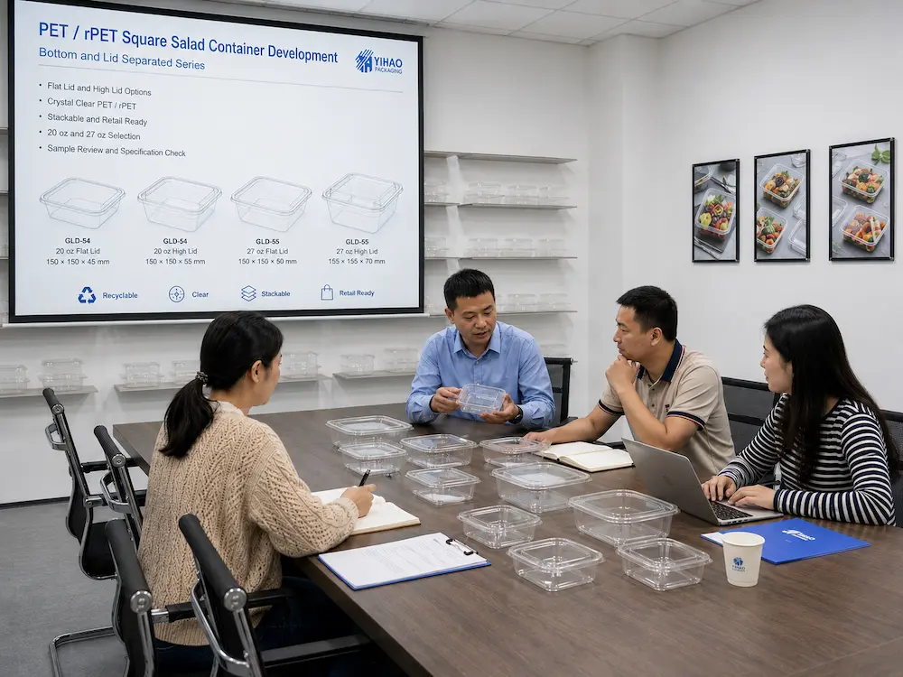 Packaging sample review meeting for PET and RPET square salad container development