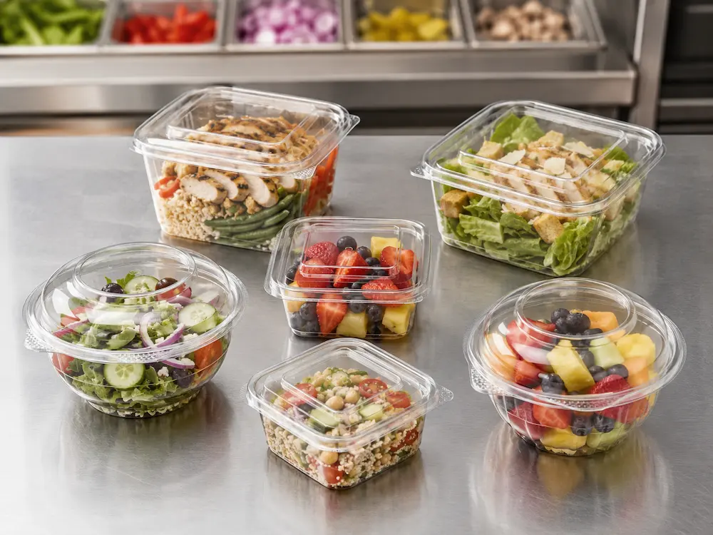 Clear PET salad containers filled with salads fruit cuts grain bowls and deli meals on a food preparation table