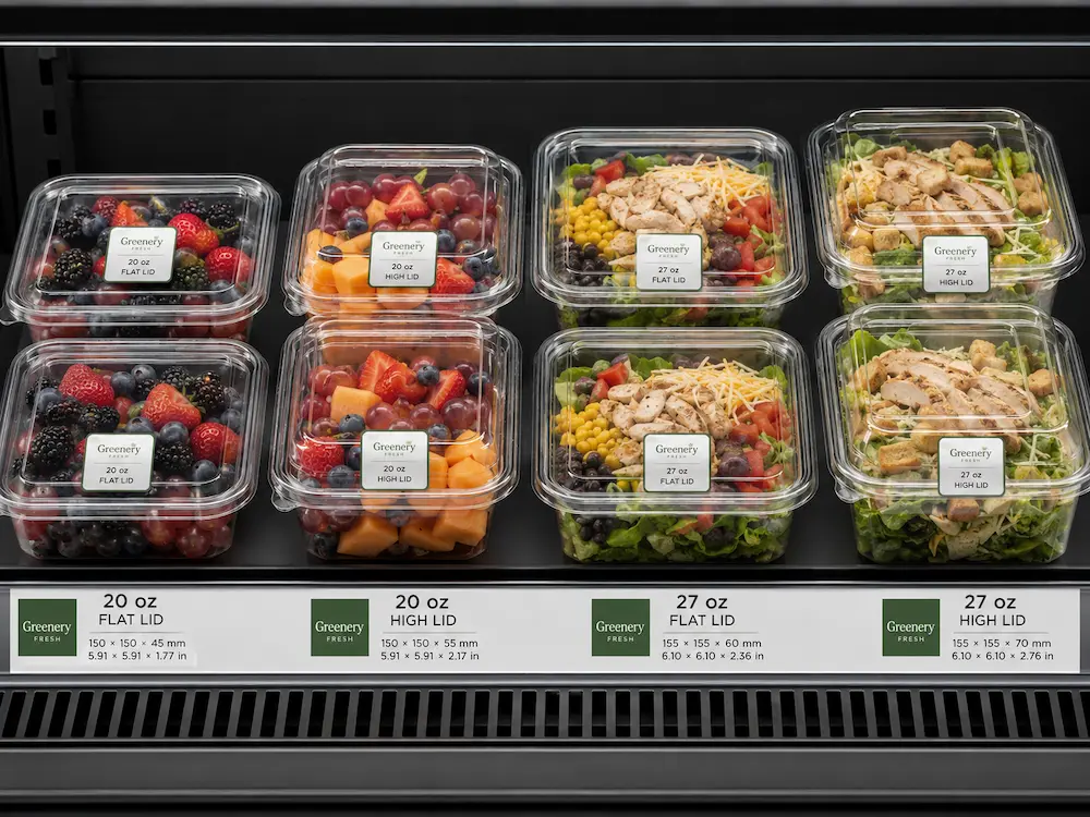 Clear PET square bowls displayed in a refrigerated case for fruit salad and chilled deli food