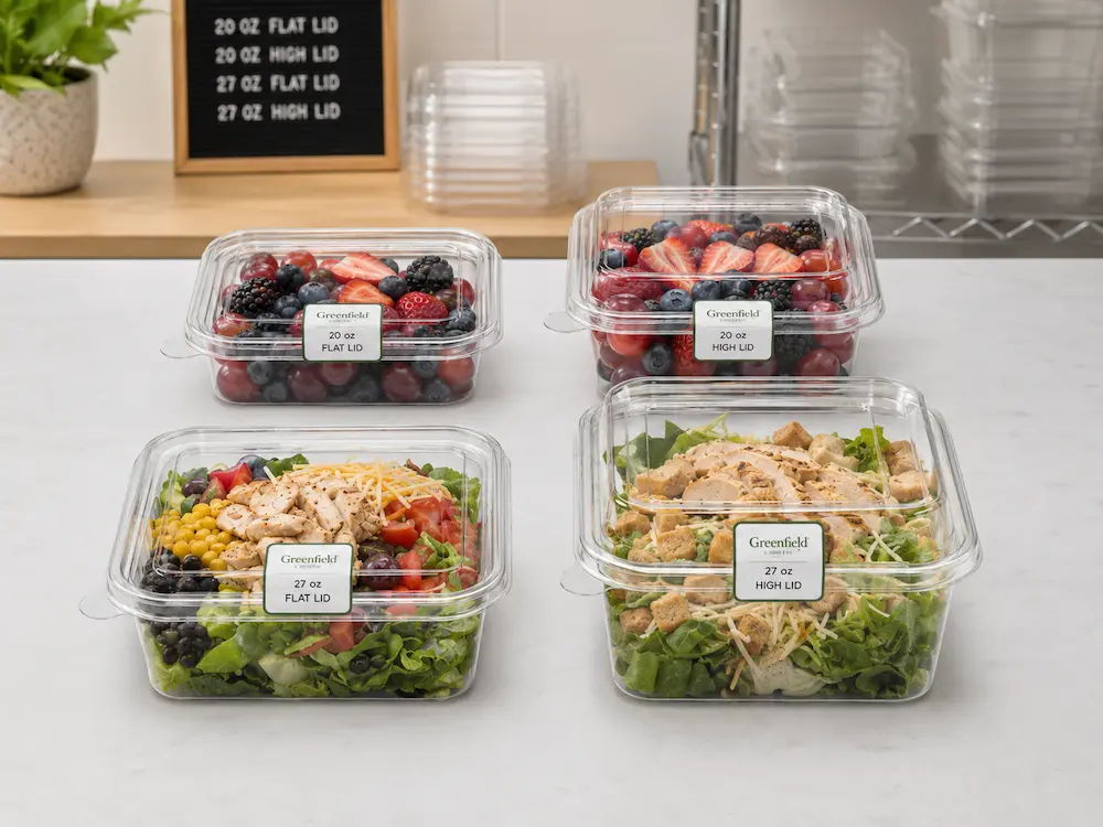 Square PET bowls filled with fruit and salad samples for portion testing before wholesale orders