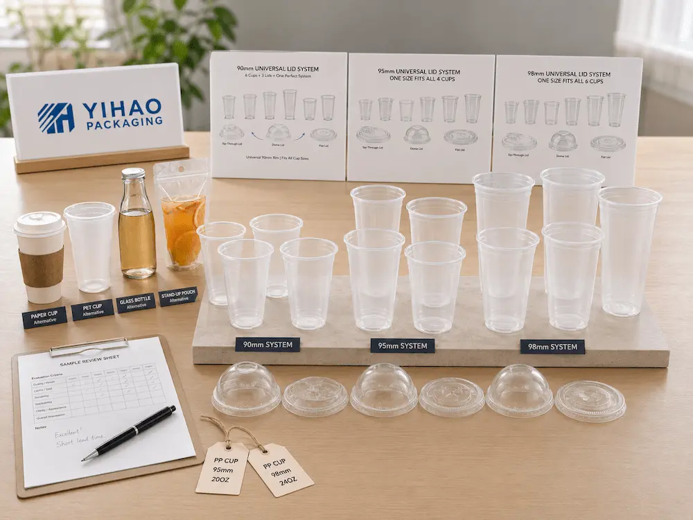 Wholesale PP Bubble Tea Cups: Manufacturer and Supplier Checklist 1 PP bubble tea cups sample review with 90mm 95mm and 98mm lid systems
