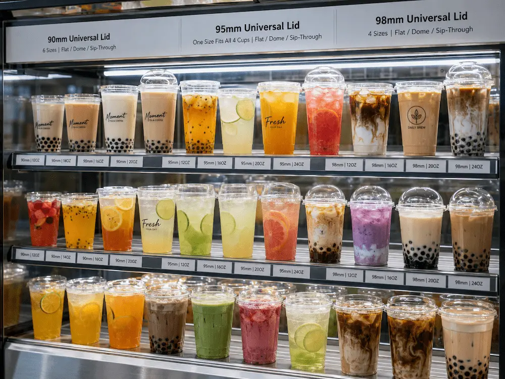 PP bubble tea cups with universal lid system in retail drink display