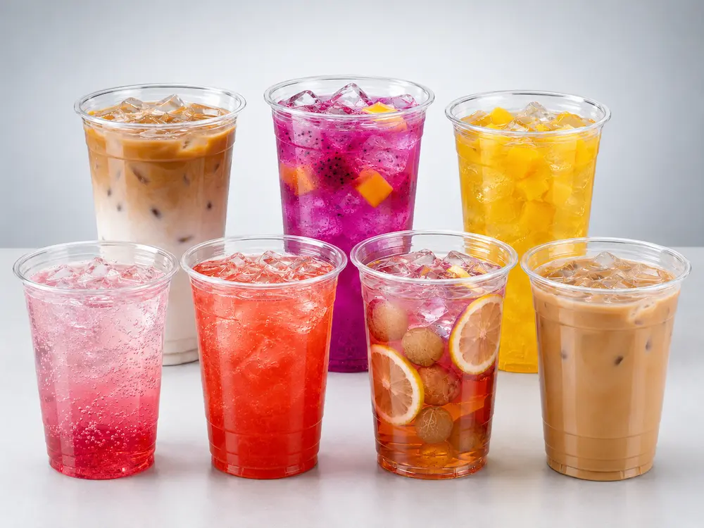 PP cold cups lineup with colorful iced drinks on a clean cool gray studio background, highlighting clear disposable plastic cup transparency and sturdy rolled rim design