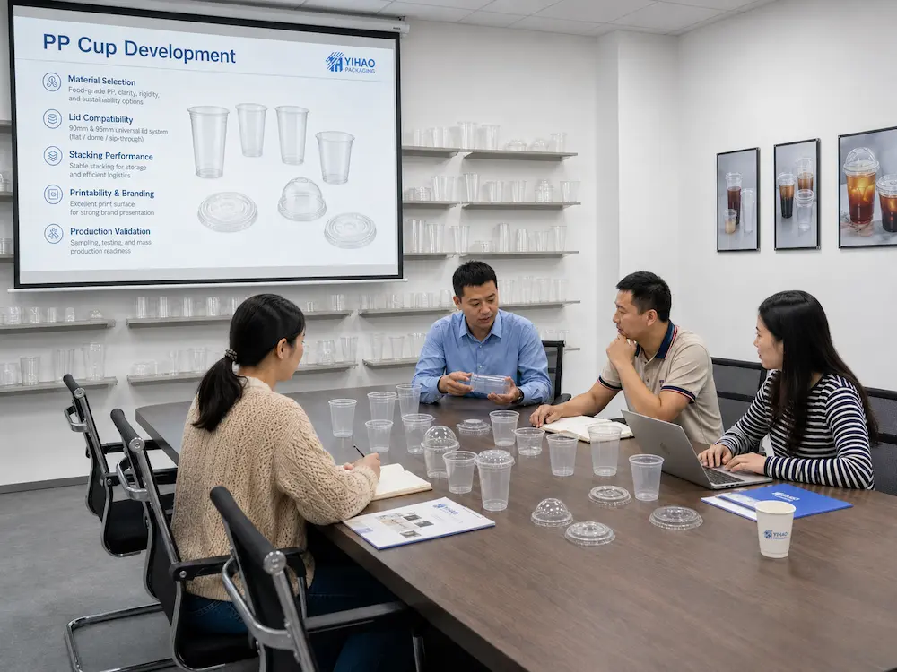 Wholesale PP Cup Manufacturer: Manufacturer and Supplier Checklist 4 PP cup development meeting reviewing cup samples lids and manufacturing details