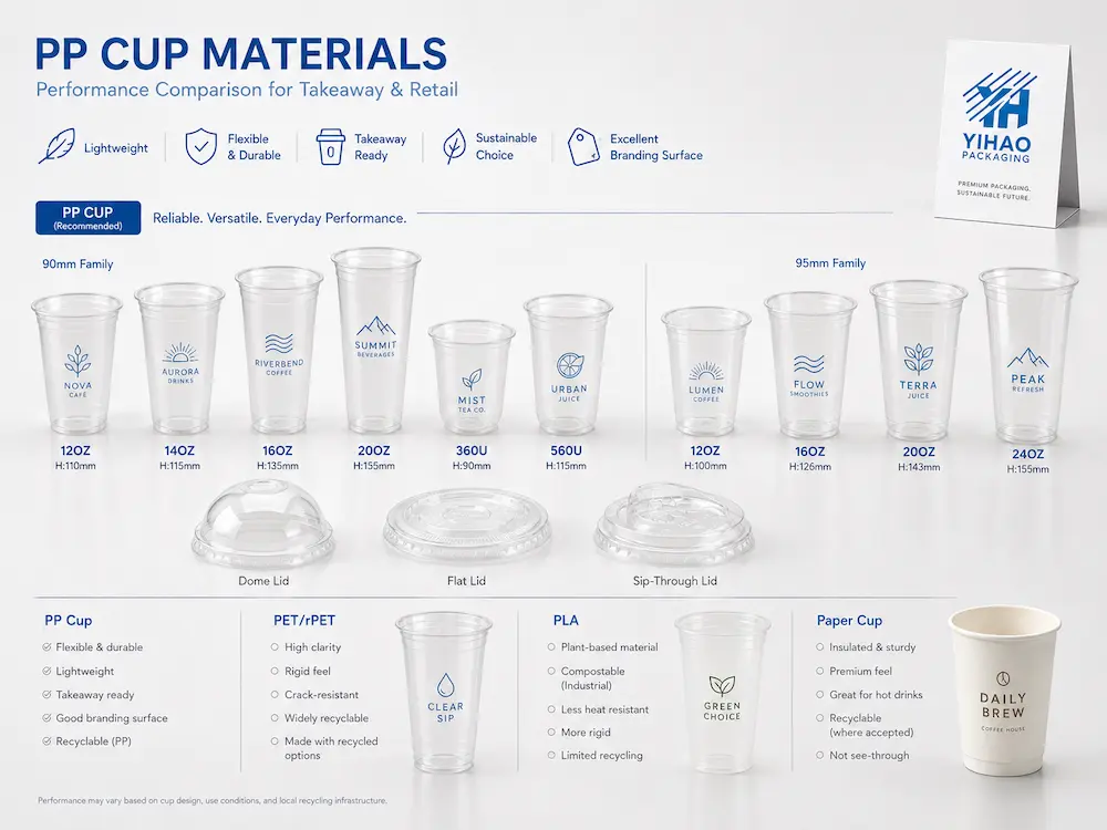 Wholesale PP Cup Manufacturer: Manufacturer and Supplier Checklist 3 PP cup materials comparison with PP PET PLA and paper cup options for takeaway beverage packaging