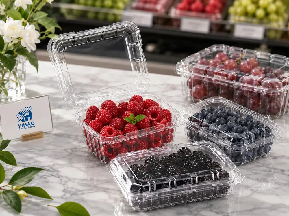 Premium berry and grape clamshell packaging with clear PET material and retail presentation