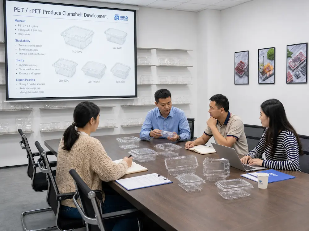 Produce clamshell container development meeting with clear PET samples and buyer packaging discussion