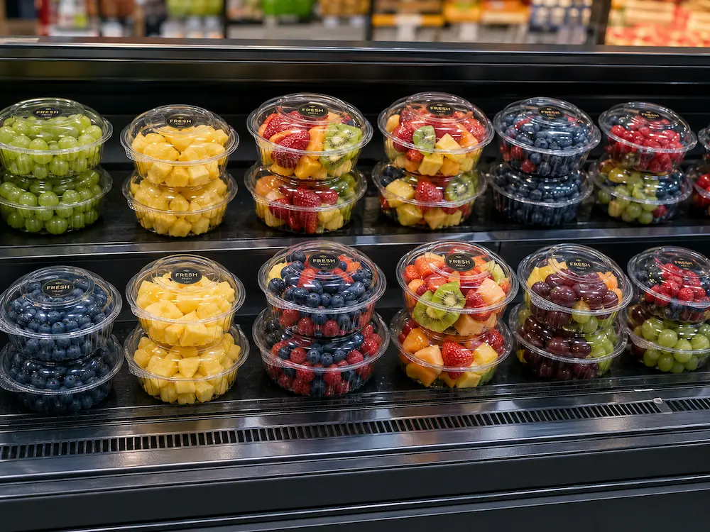 Farm Packaging Containers vs Alternative Packaging: How Buyers Should Choose 3 Stacked clear PET produce clamshell containers filled with berries grapes pineapple and mixed fruit