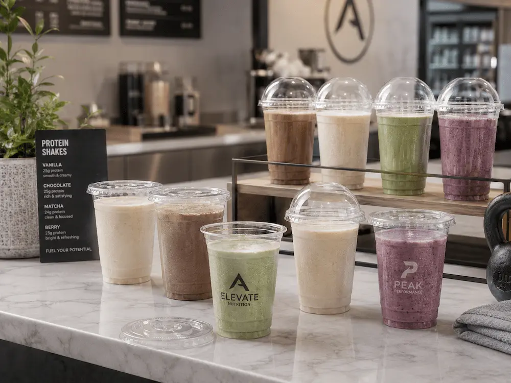 Smoothie, Protein Drink, and Acai Refresher Cups Complete Guide 3 Protein drink cups with dome lids and flat lids for fitness and nutrition beverages