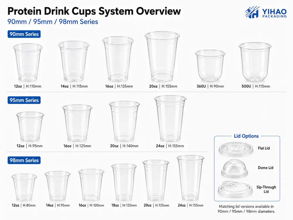 Protein drink cups system overview with 90mm, 95mm, and 98mm clear PET cup series