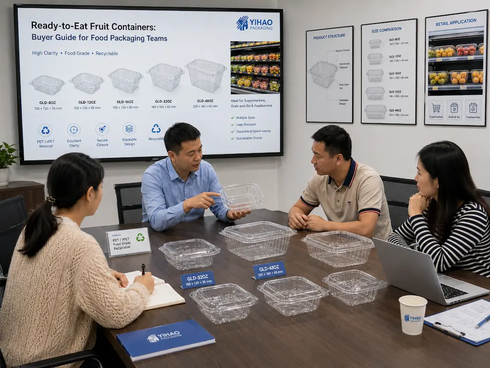 Ready-to-Eat Fruit Containers: Buyer Guide for Food Packaging Teams 7 Food packaging team discussing ready-to-eat fruit containers with clear PET samples and size guide