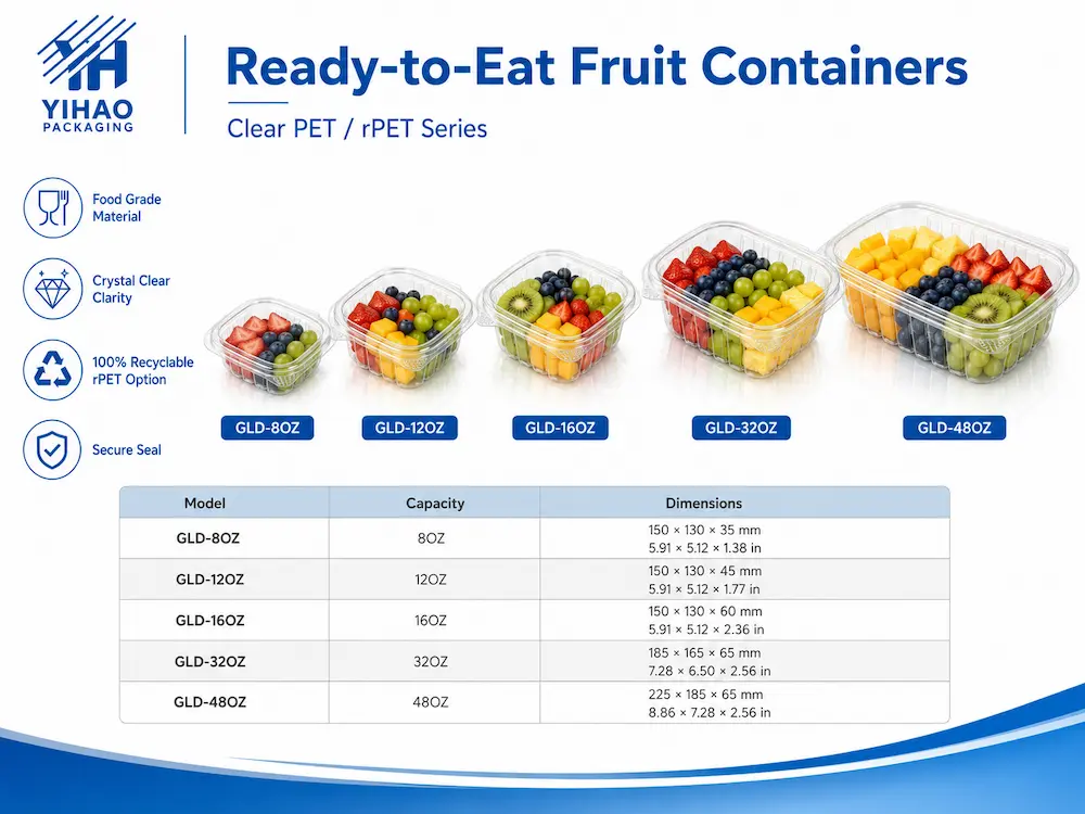 Ready-to-eat fruit containers in clear PET and rPET packaging series