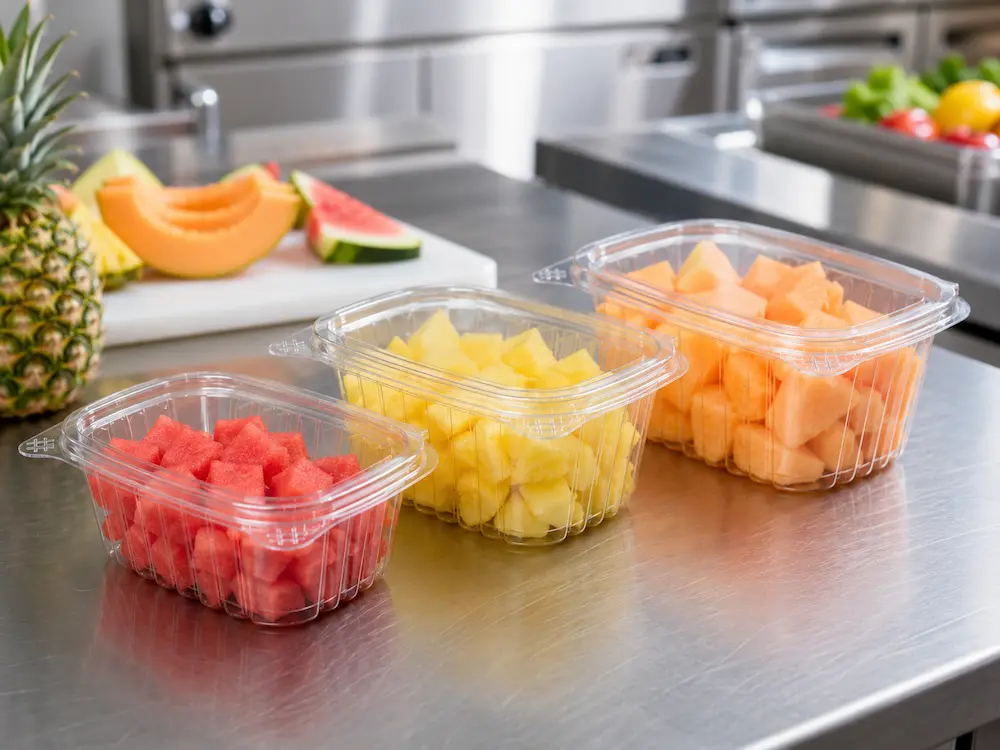 Ready-to-Eat Fruit Containers: Buyer Guide for Food Packaging Teams 2 Ready-to-eat fruit containers filled with fresh-cut watermelon, pineapple, and melon in a food preparation area