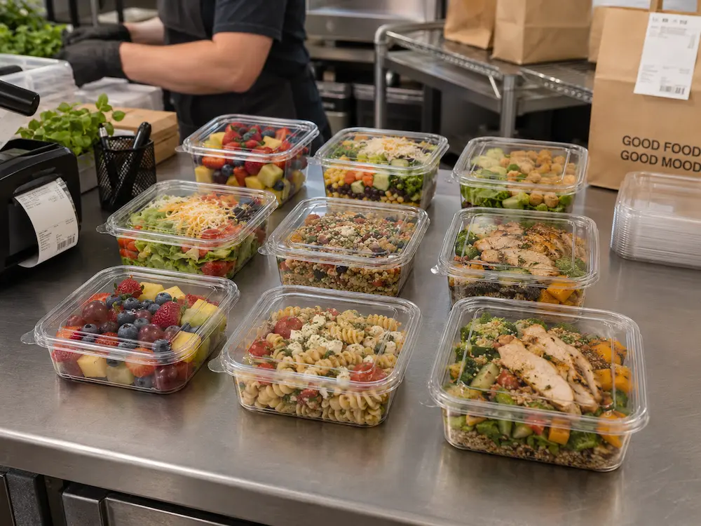 Grab-and-Go Salad Containers for Retail: Complete Buying Guide 6 Ready-to-eat salad containers filled with fruit, pasta salad, grain bowls, and protein salads on a foodservice prep counter