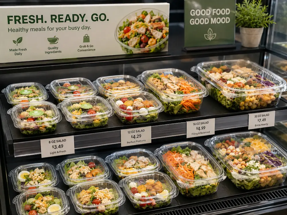 Ready-to-eat salad containers displayed in a refrigerated retail case for grab-and-go food sales