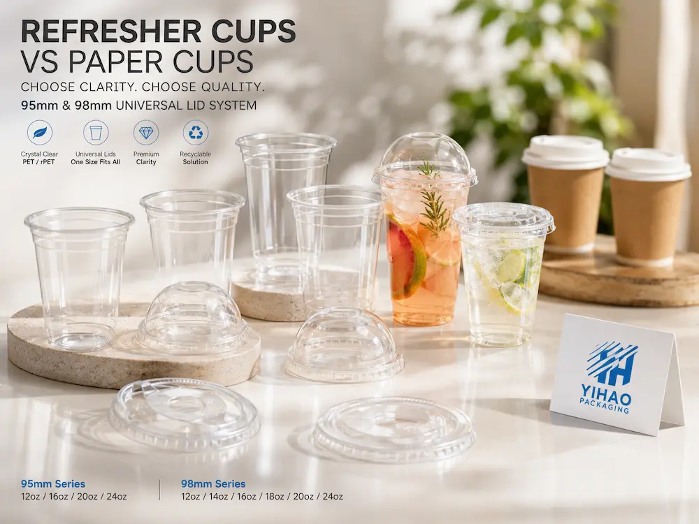 Refresher Cups vs Alternative Packaging: How Buyers Should Choose 9 Clear PET refresher cups compared with paper cups for cold drink packaging