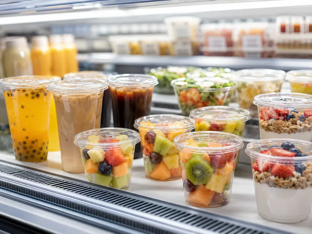 Wholesale PP Cup Manufacturer: Manufacturer and Supplier Checklist 2 PP cold cups and fruit cups in refrigerated retail display for grab and go beverage packaging