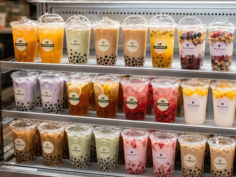 Bubble Tea Cups and Milk Tea Cups Complete Guide 5 Clear PET bubble tea cups and fruit drink cups displayed in a retail cooler